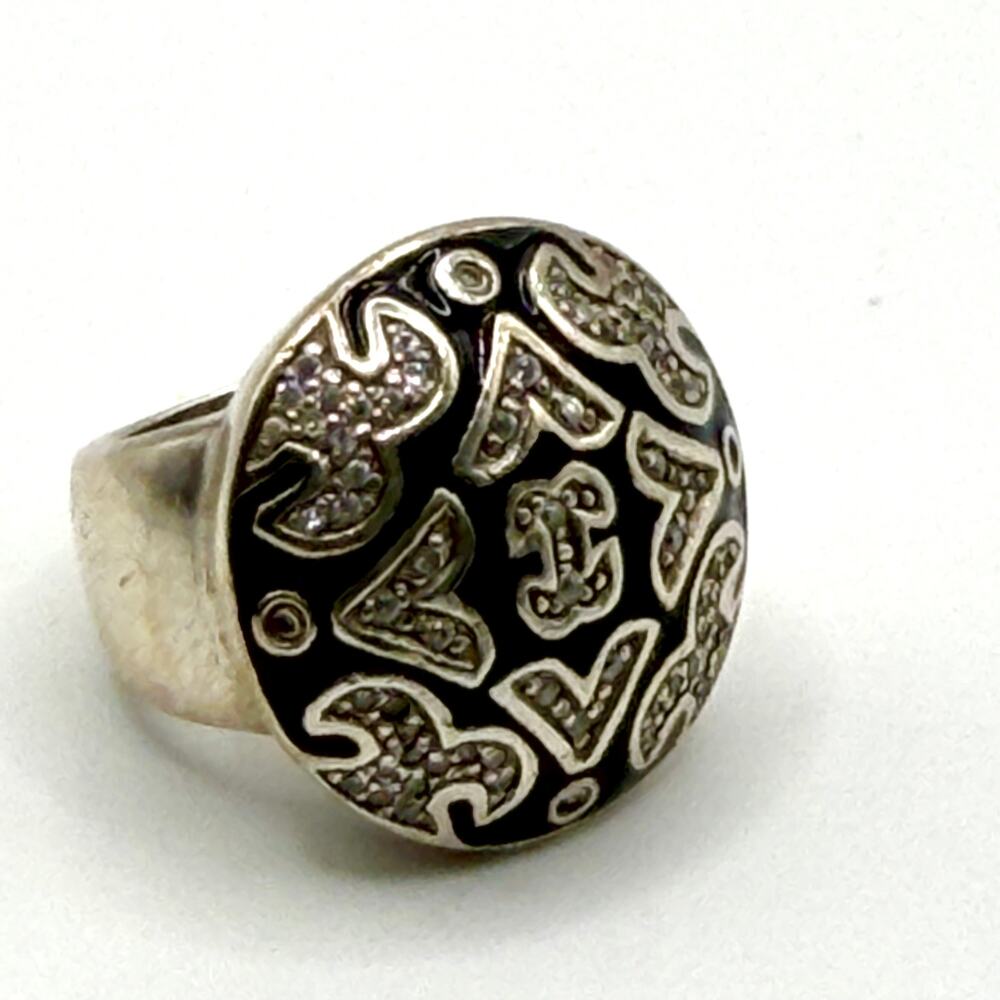 Vintage 90s Signed Black Enamel Rhinestone Sterling Silver Dome Cocktail Ring
